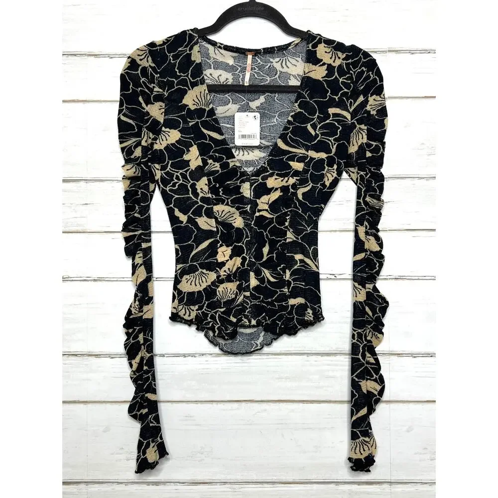 Free People Through The Meadow Black Floral Ruched Long Sleeve Mesh Knit Top XS
